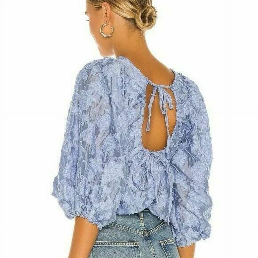 Free People Callie Top Light Blue Textured Open-Back Blouse